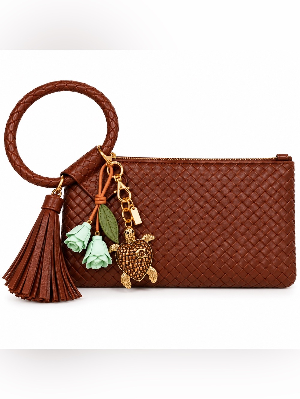 Brown Woven Wristlet Clutch with Turtle & Floral Charms + Surprise Gift